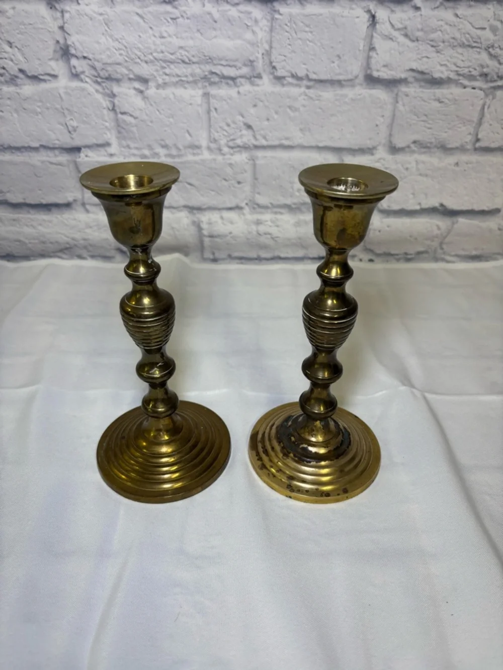 Vintage Pair Brass Candle Stick Holder 8.75 in Tall Made In India Patina